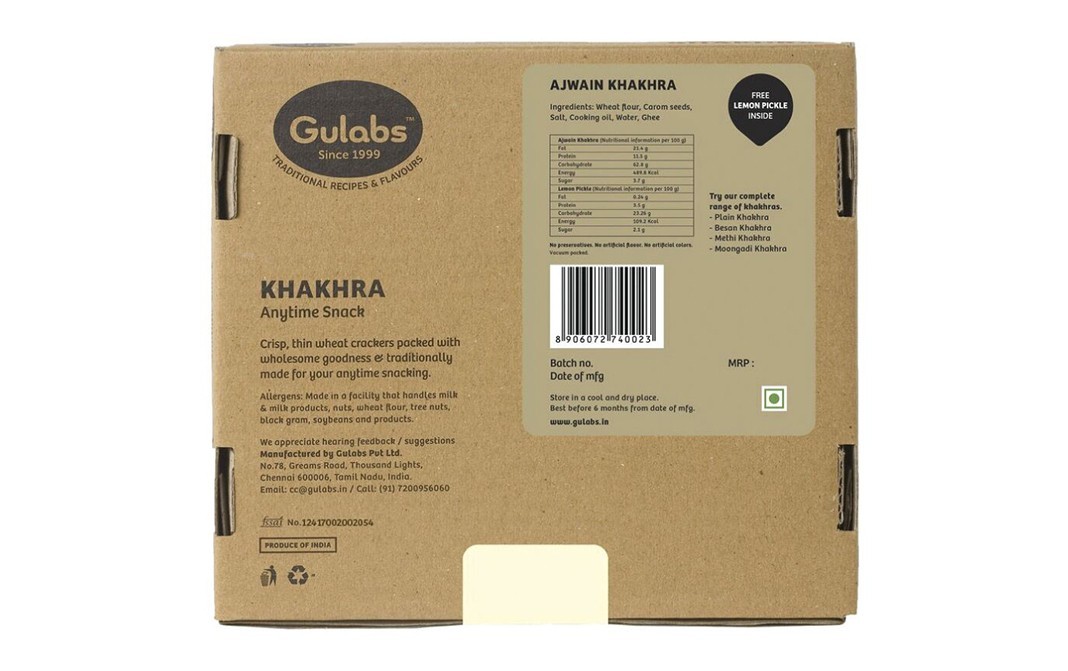 Gulabs Ajwain Khakhra Carom Seed Seasoned Wheat Crisps   Box  12 pcs